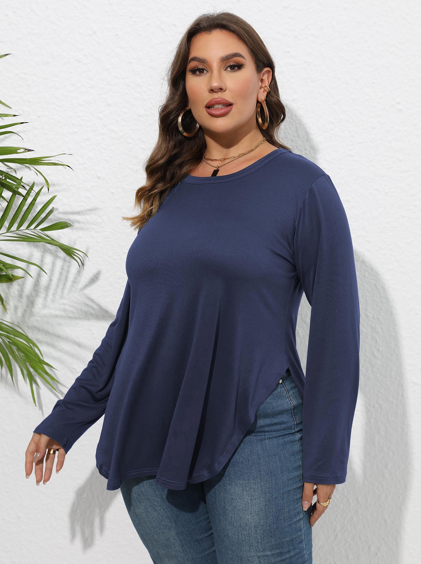 Women's Long Sleeve Solid Color Irregular Hem T-Shirt Top