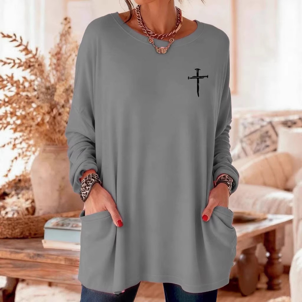 Women's Cross Print A-Line Midi Dress Long Sleeve Crew Neck Casual
