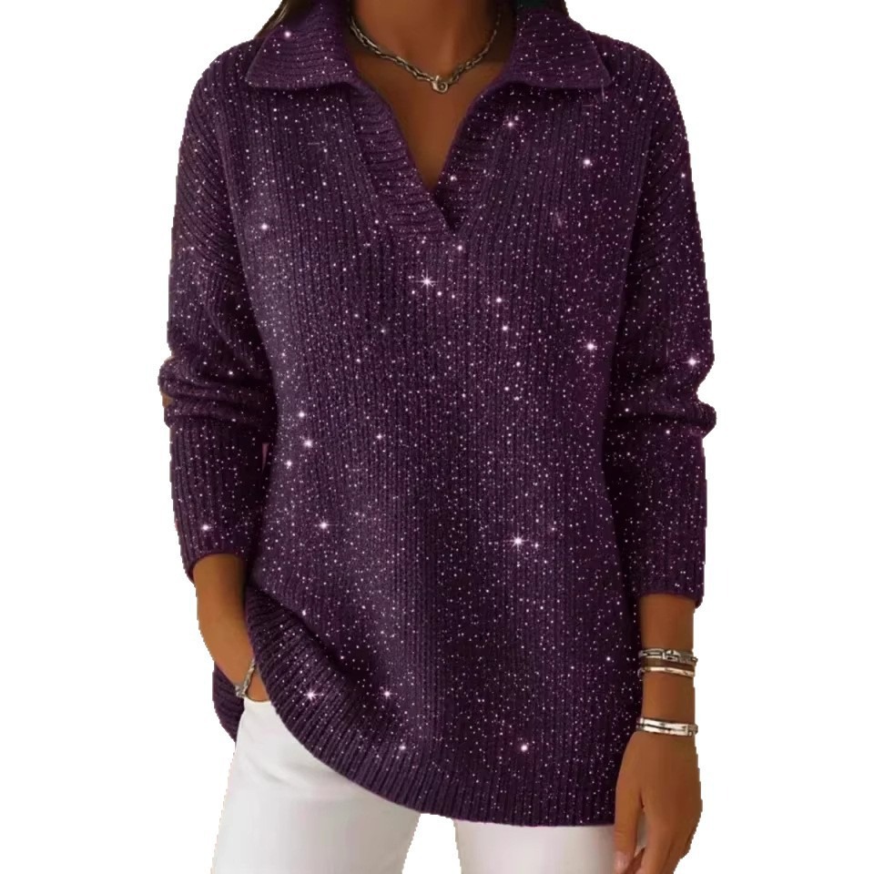 Shimmer Solid Color Long Sleeve Collared Knit Top