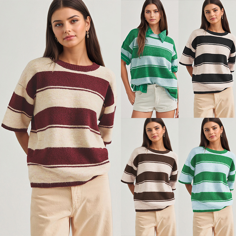 Striped Crewneck Knit Sweater Loose Fit Colorblock Pullover