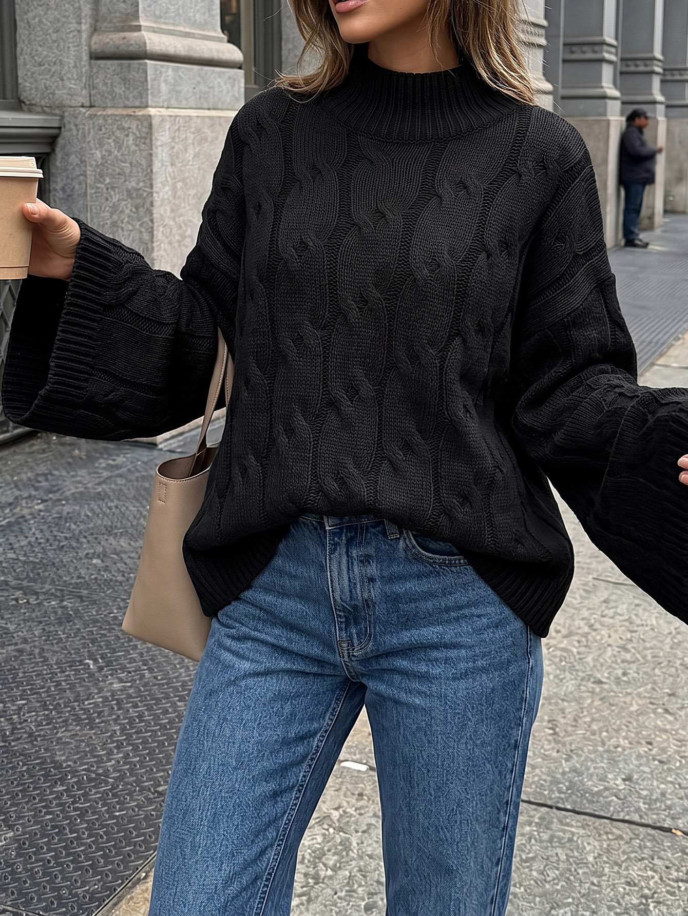 Women's Loose Fit Half Turtleneck Sweater with Flared Sleeves