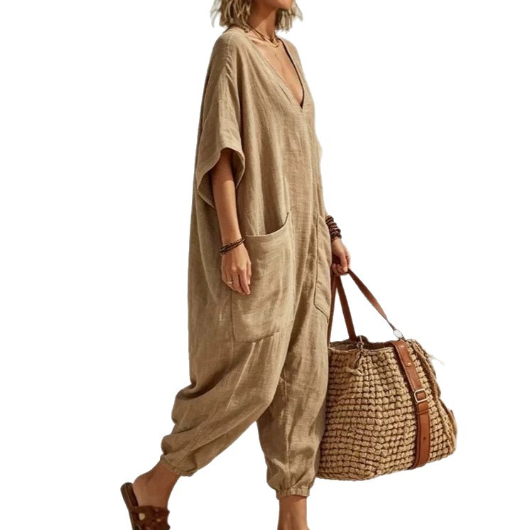 Loose Multi-Pocket Jogger Harem Jumpsuit with V-Neck
