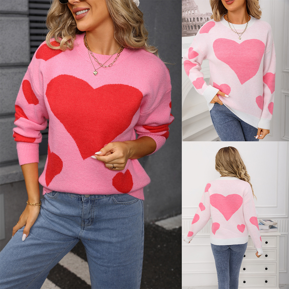 Heart Jacquard Color-Block Loose Knit Sweater