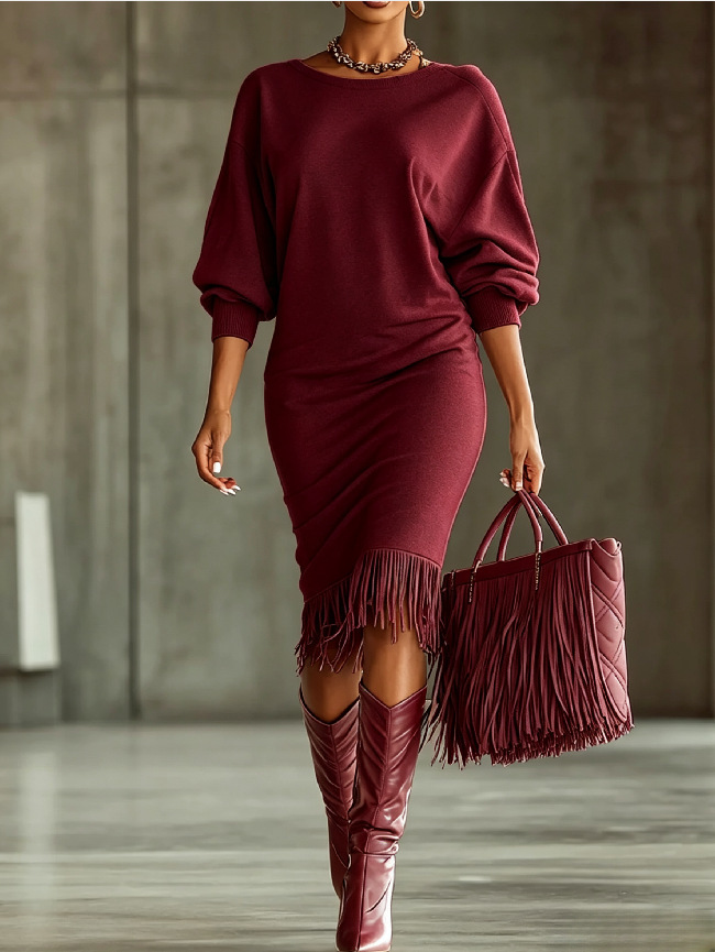 Women's Midi Fringe Dress Crew Neck Long Sleeve A-Line