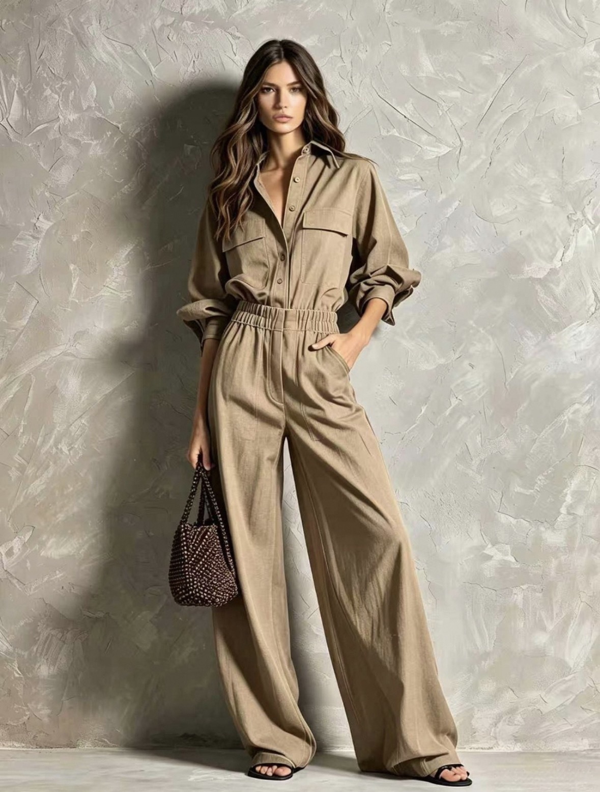 Women's High-Waist Wide-Leg Jumpsuit with Shirt Collar and Elastic Waist