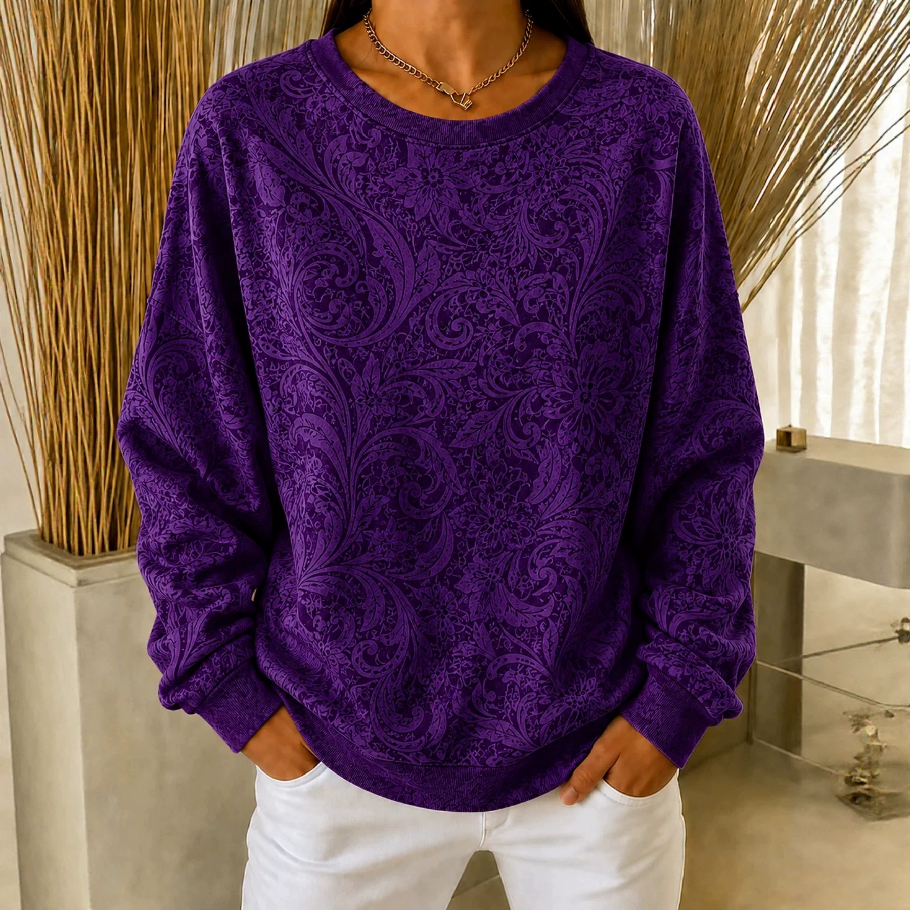 Bohemian Print Crewneck Long Sleeve Pullover Sweatshirt