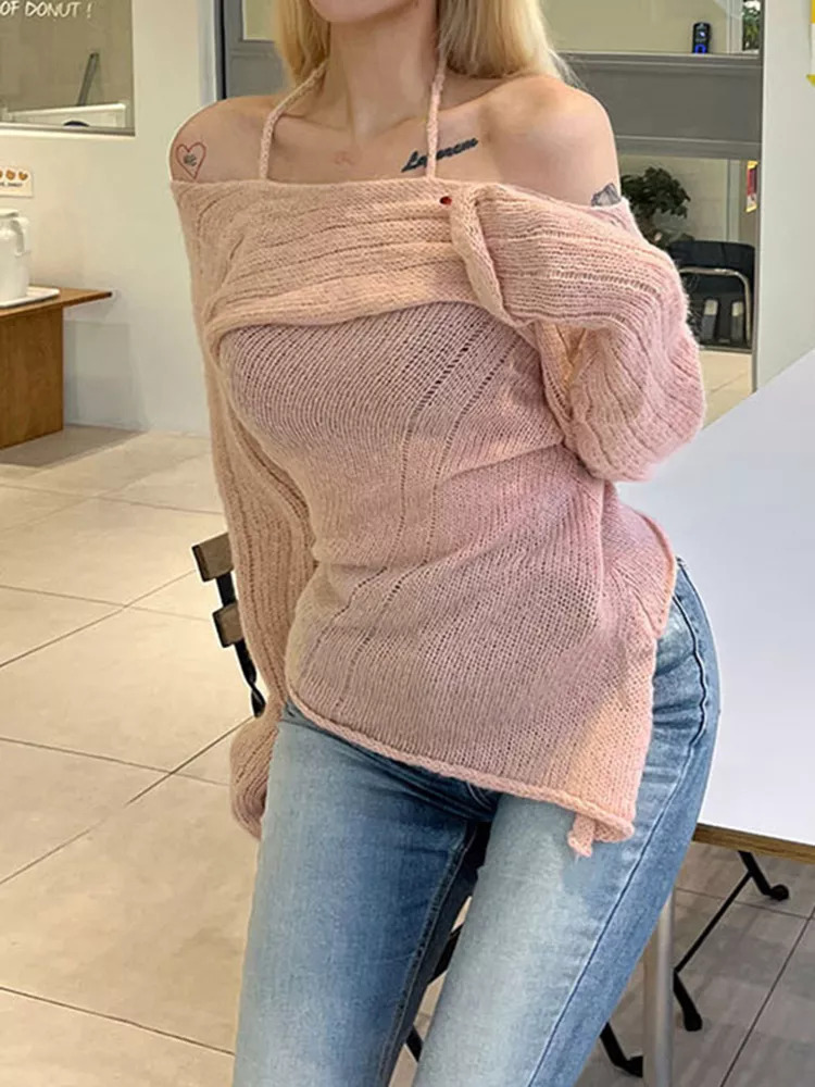 Sexy Off-Shoulder Long-Sleeve Halter Knit Top Asymmetric Two-Piece Set