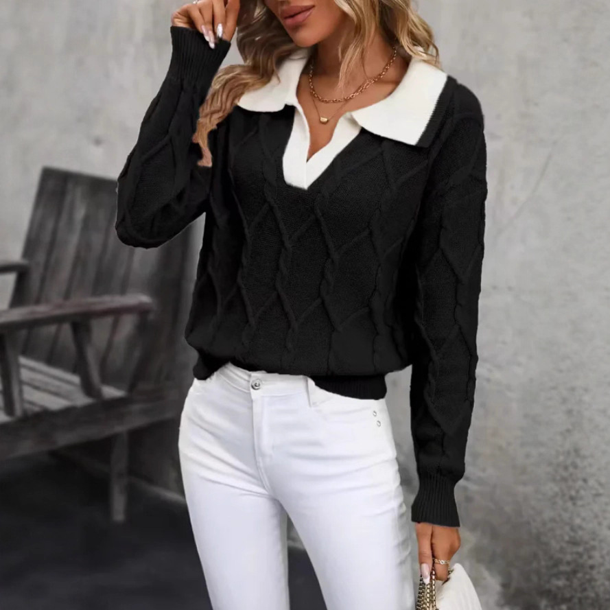 Elegant Color-Block Lapel Collar Long-Sleeve Knit Sweater