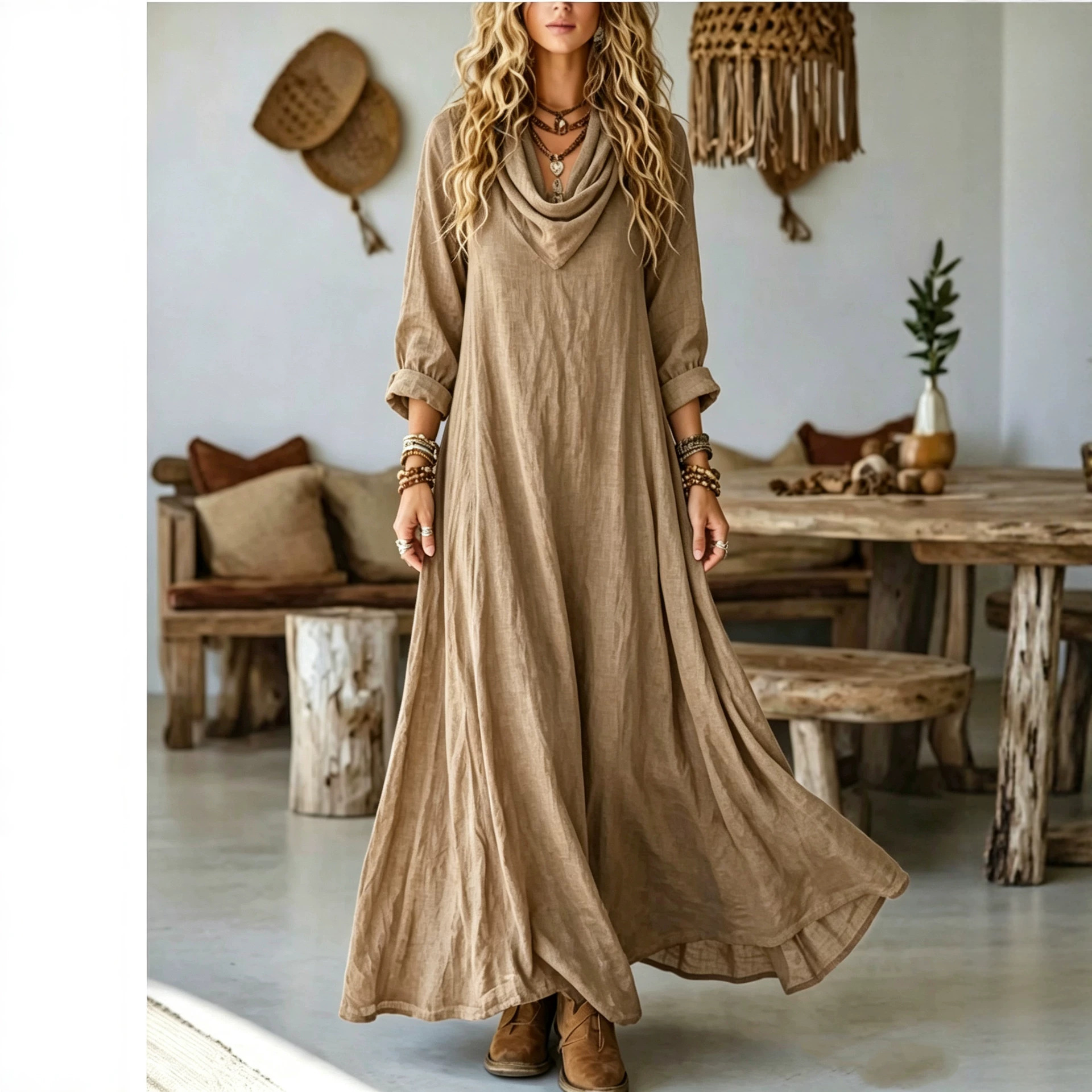 Women's Elegant Bohemian Textured Solid Color Long Sleeve Cowl Neck Wide Hem Maxi Dress