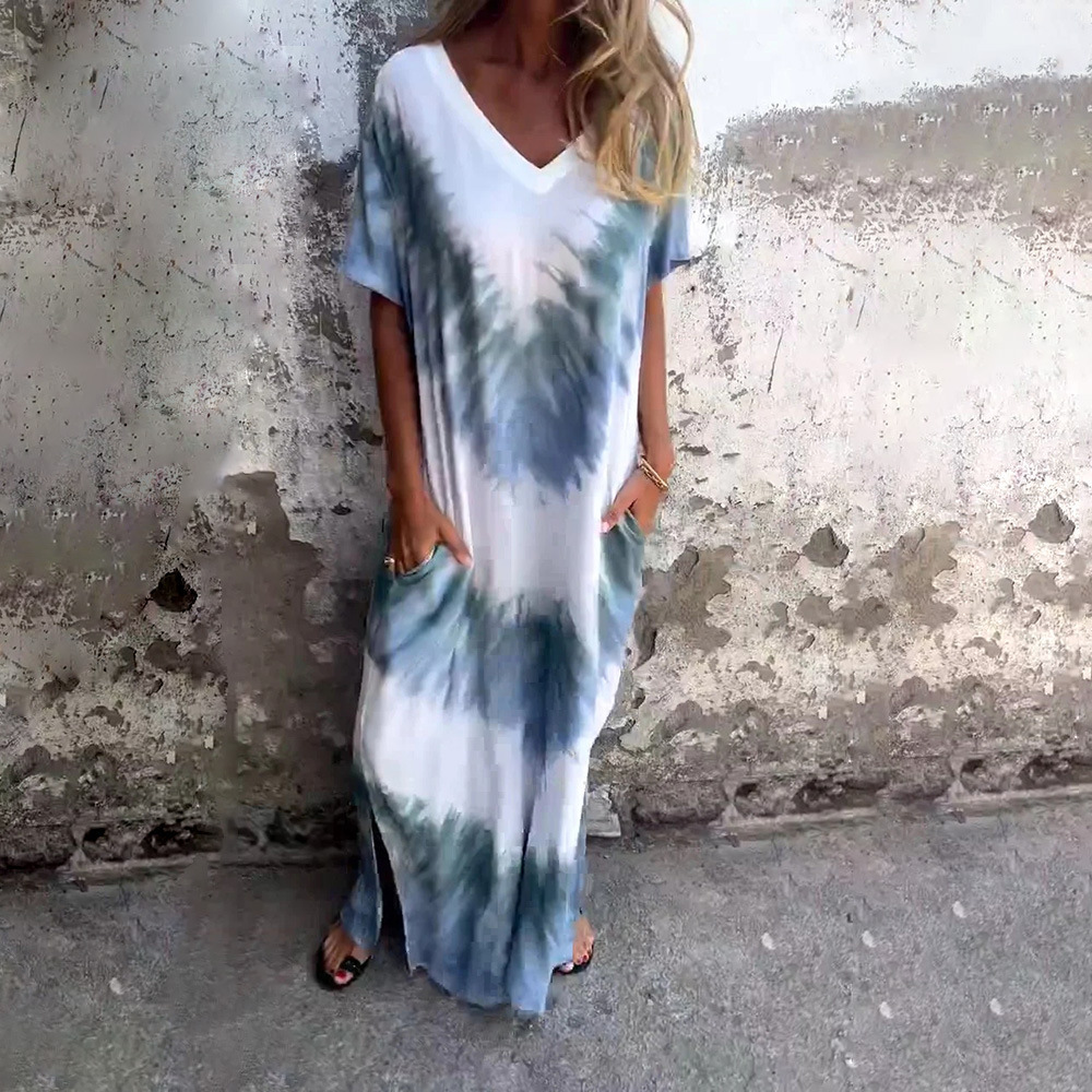 Women's Casual Loose Short Sleeve V-Neck Slit Tie-Dye Long Dress
