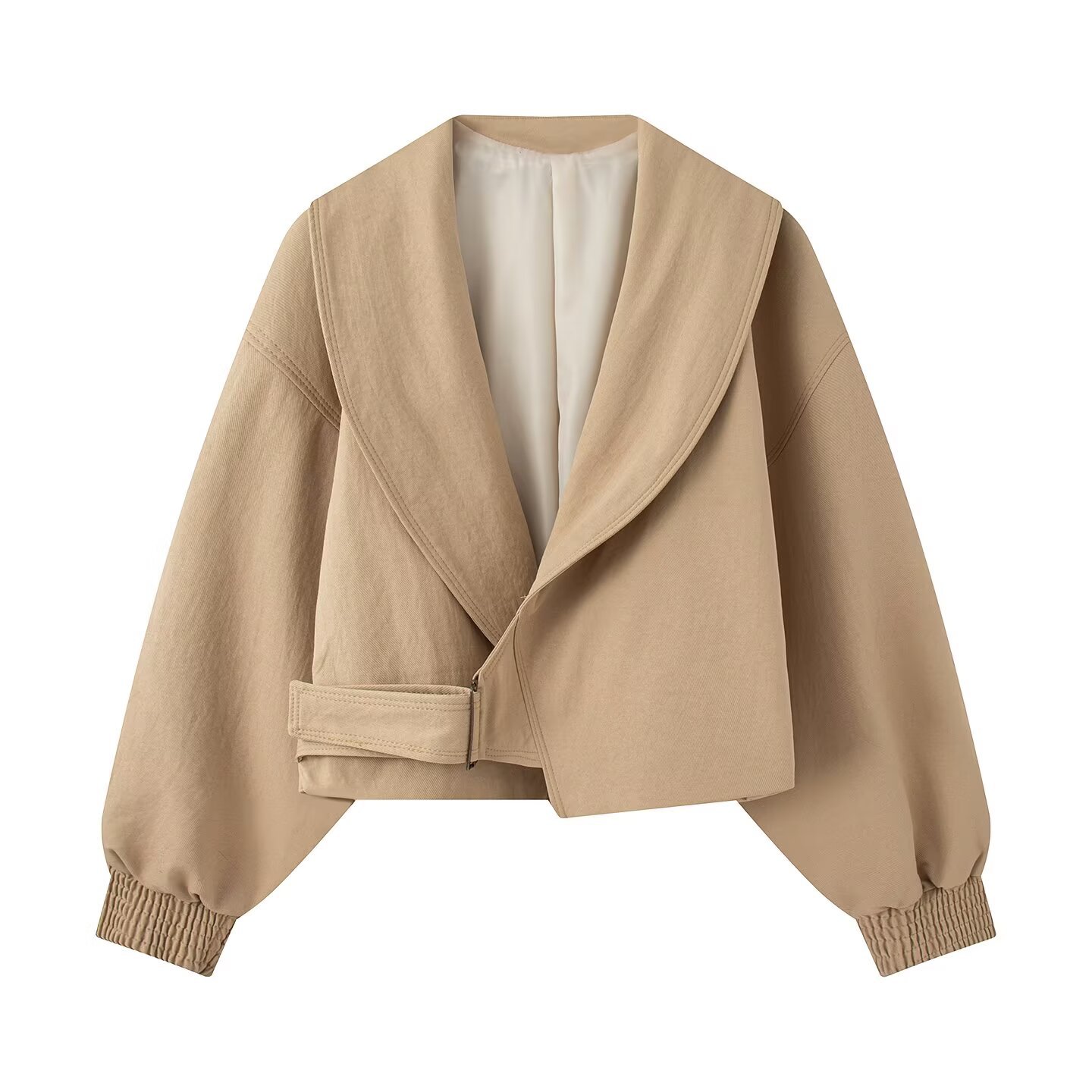 Women's Casual Loose-Fit Colorblock Blazer Jacket with Buckle and Suit Collar