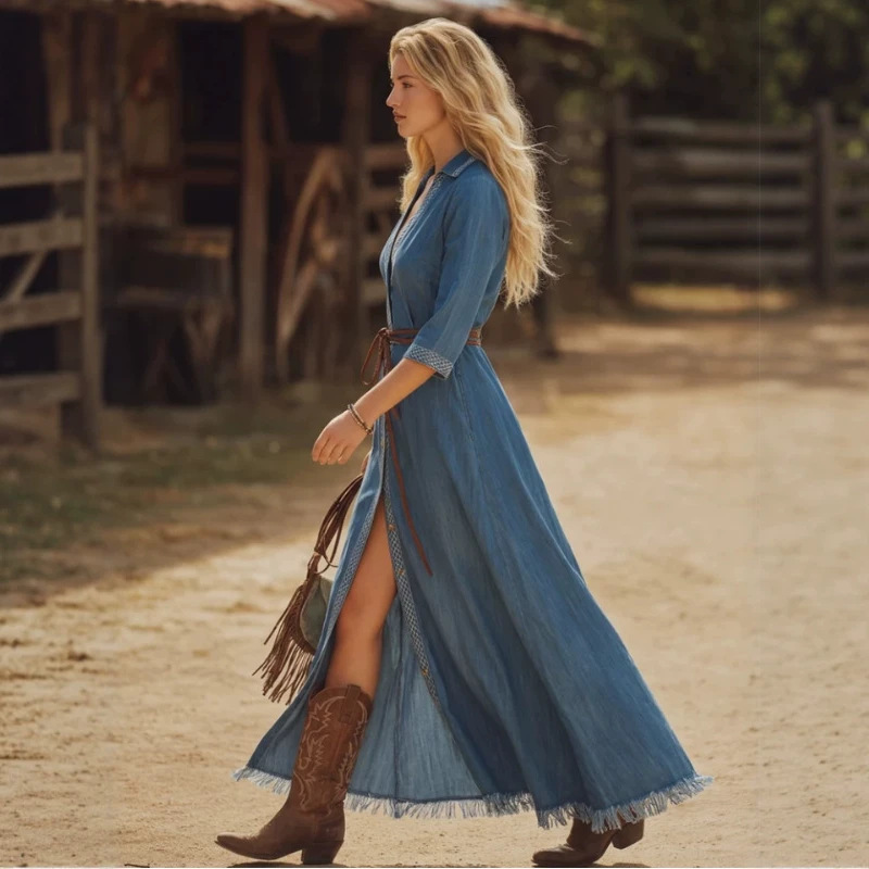 Retro Western Piped Denim Long Dress