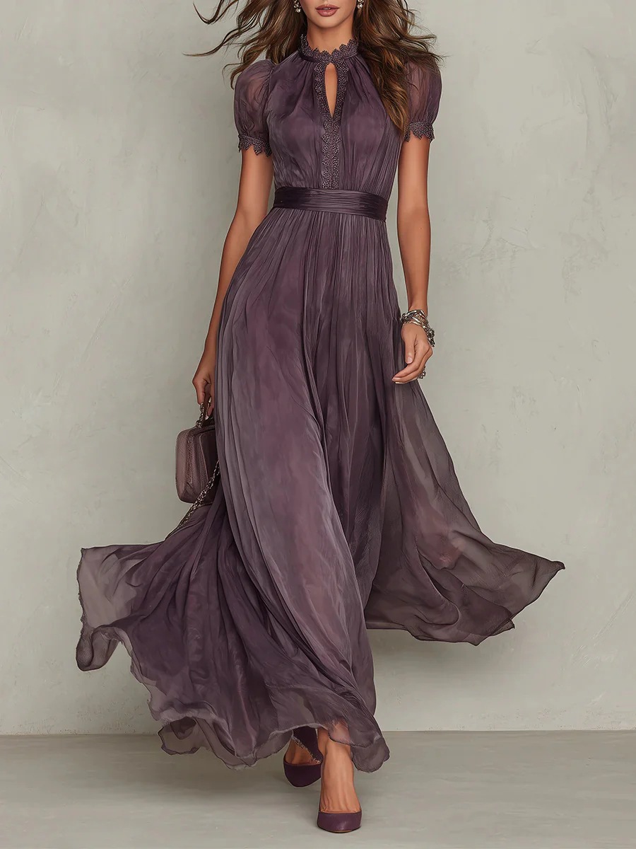 Purple High-Neck Lace Panel Flowy Chiffon Long Dress