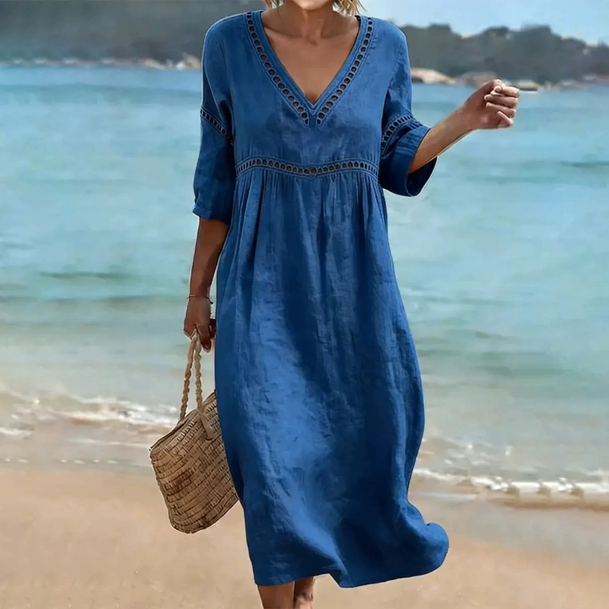 Women's Summer Bohemian Lantern Sleeve Long Dress V-Neck A-Line