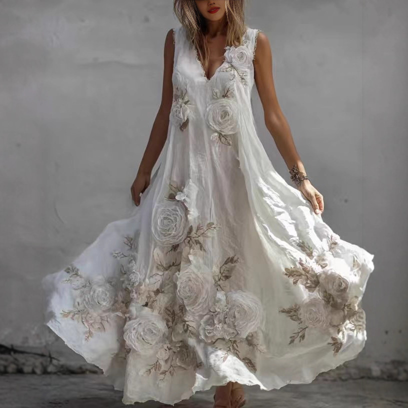 Women's Printed Sleeveless V-Neck Long Dress