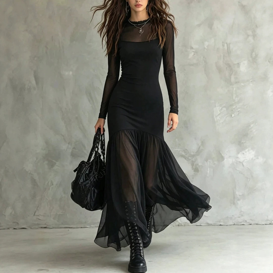 Lace Panel Knit Mesh Long Sleeve Midi Dress