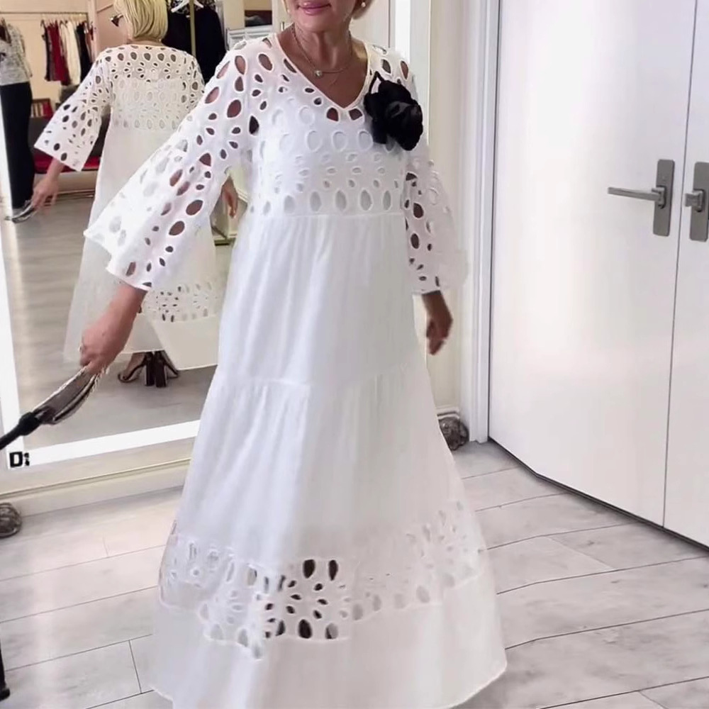 Women's V-Neck Lace Cutout Long Dress