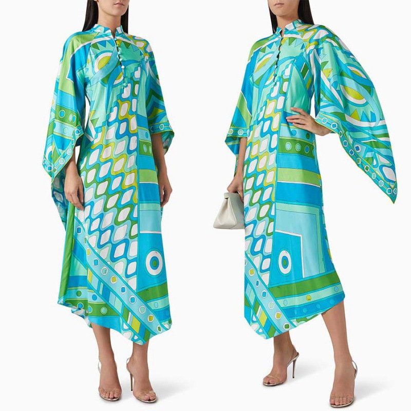 Printed Long Sleeve Stand Collar Loose Dress