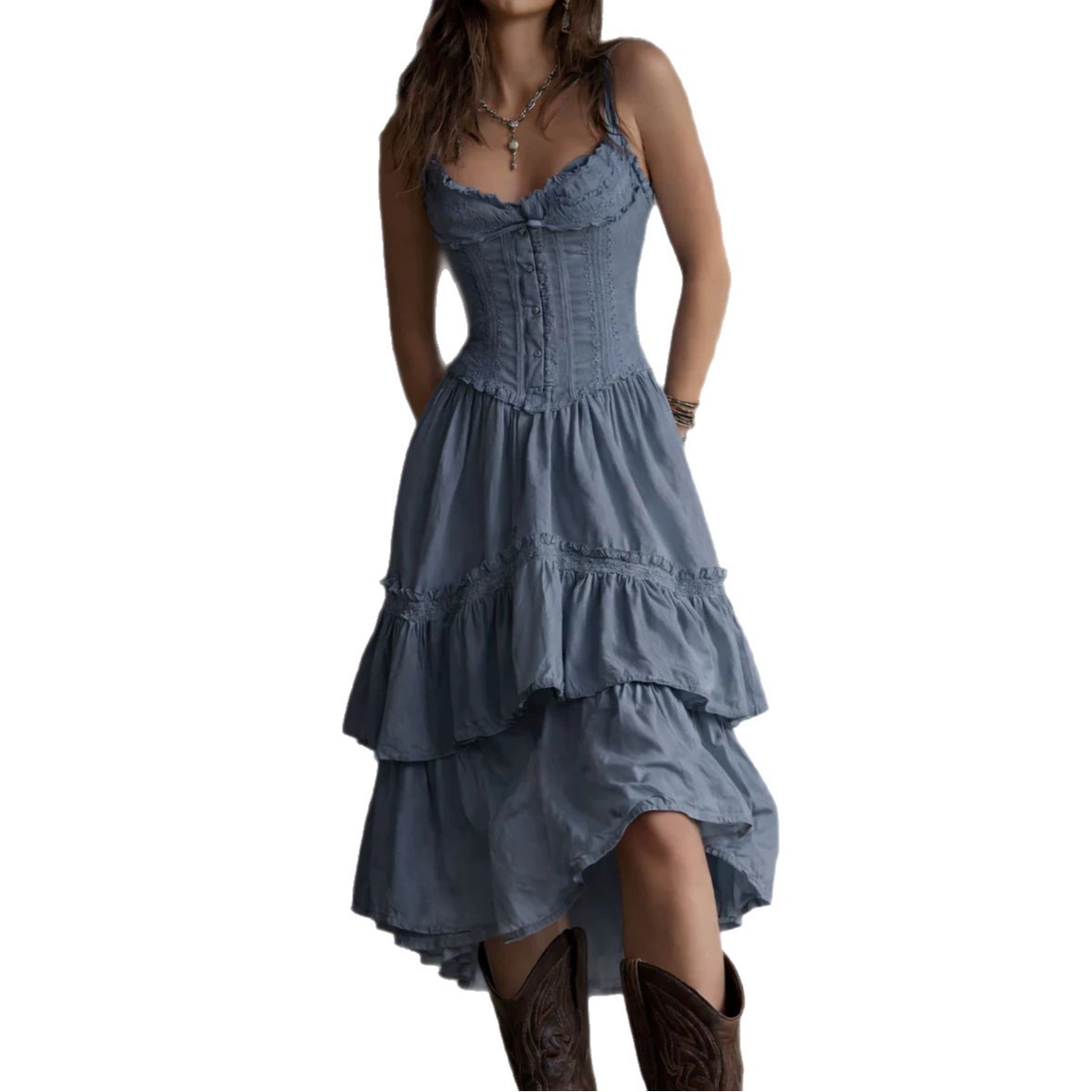 Solid Color Sleeveless Midi Dress with Waist-Cinching Ruffle Detail