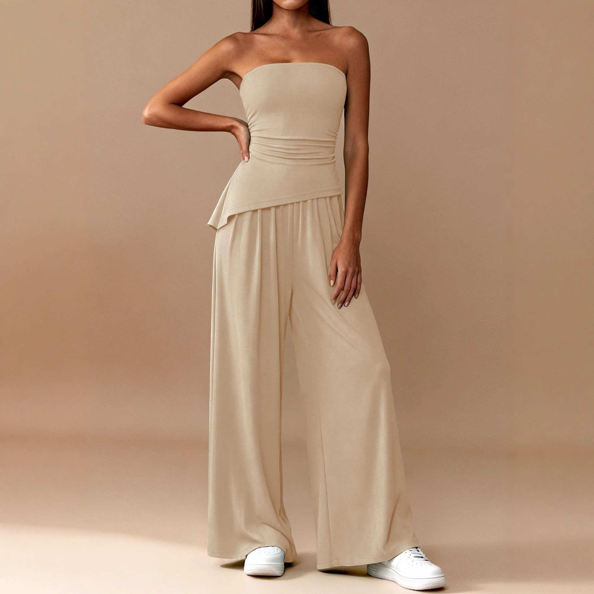 Solid V-Neck Short-Sleeve Top & Wide-Leg Pants 2-Piece Casual Set