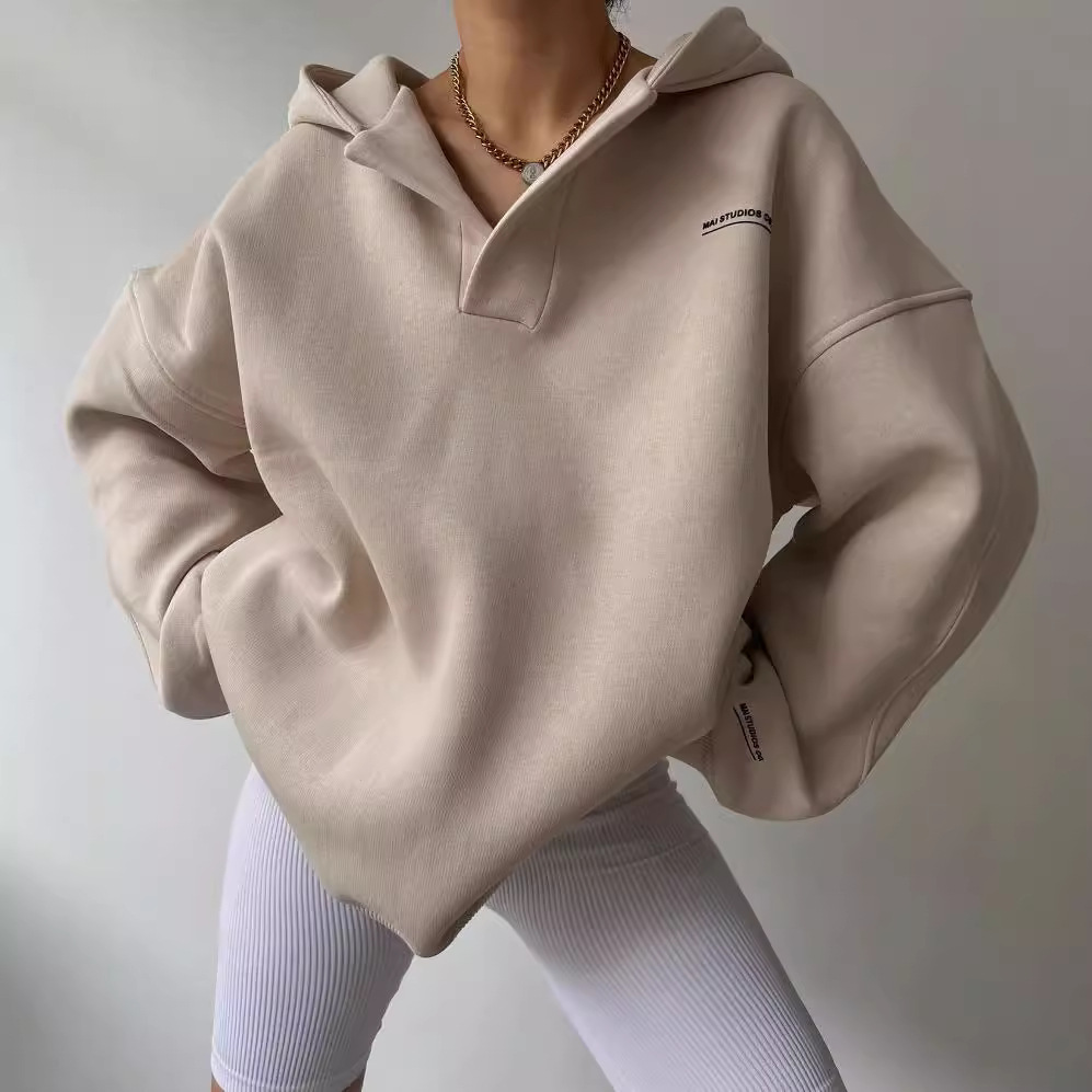 Fleece-Lined Hooded V-Neck Print Long-Sleeve Sweatshirt