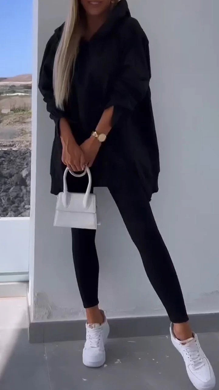 Women's Casual Hooded Split Top and Leggings Two-Piece Set