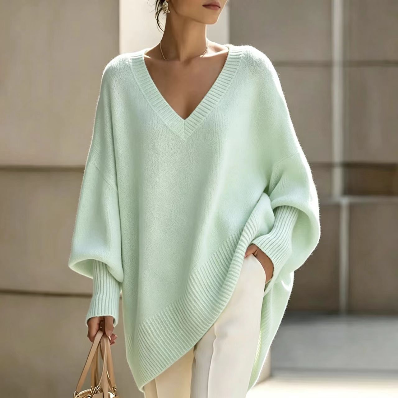 Solid V-Neck Lantern Sleeve Loose Knit Sweater for Women