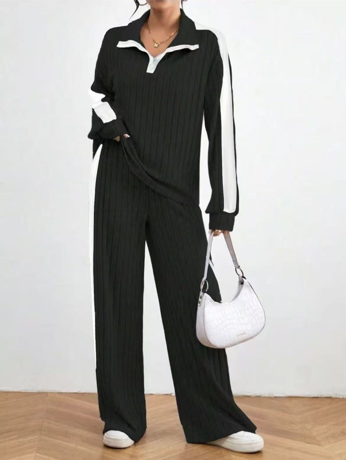 Colorblock Zip-Up Collar Top & Wide-Leg Pants Set