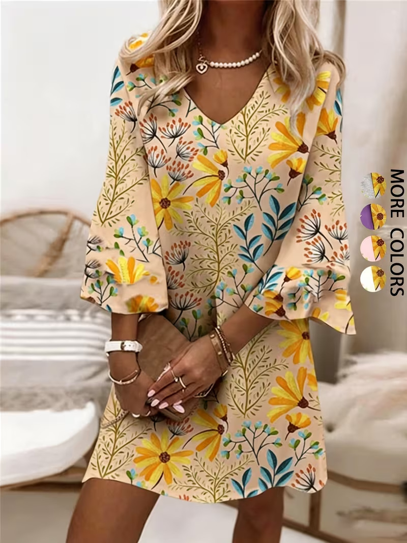 Women's Floral Print Rolled Sleeve Midi Dress