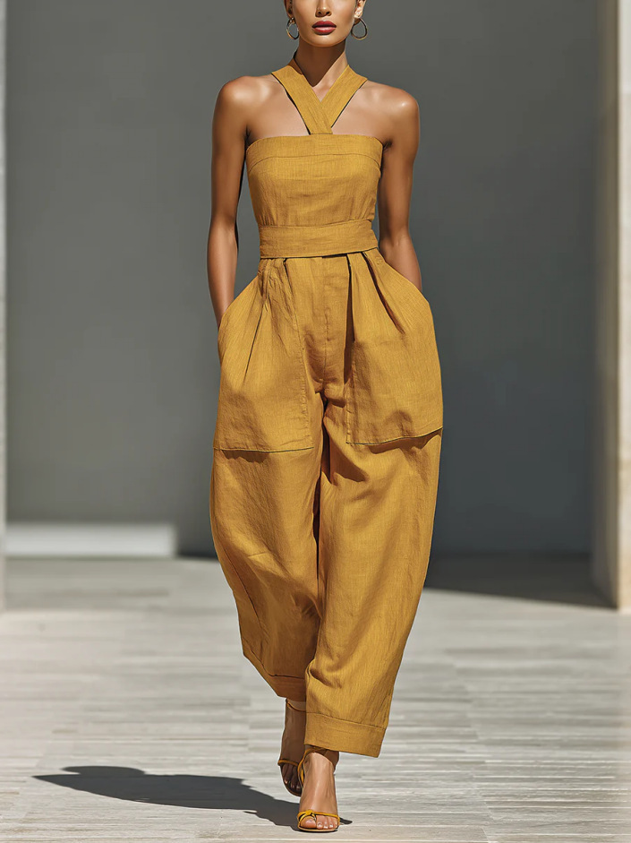 Linen-Blend Cross Halter Neck Loose Women's Jumpsuit