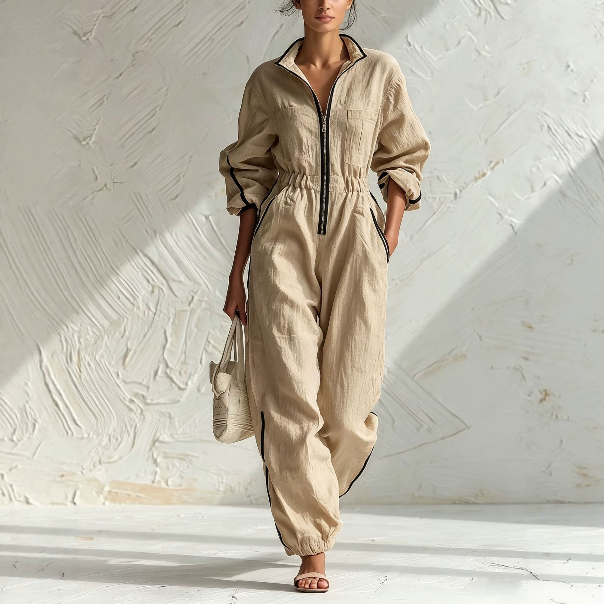 Women's Linen-Blend Zip-Front Jumpsuit with Contrast Trim and Elastic Waist