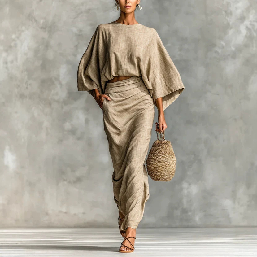 High-Waist Midi Skirt Set with Round-Neck Long-Sleeve Loose Top