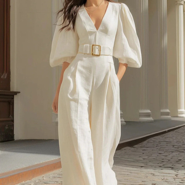 Women's Casual Solid Deep V-Neck Loose Jumpsuit