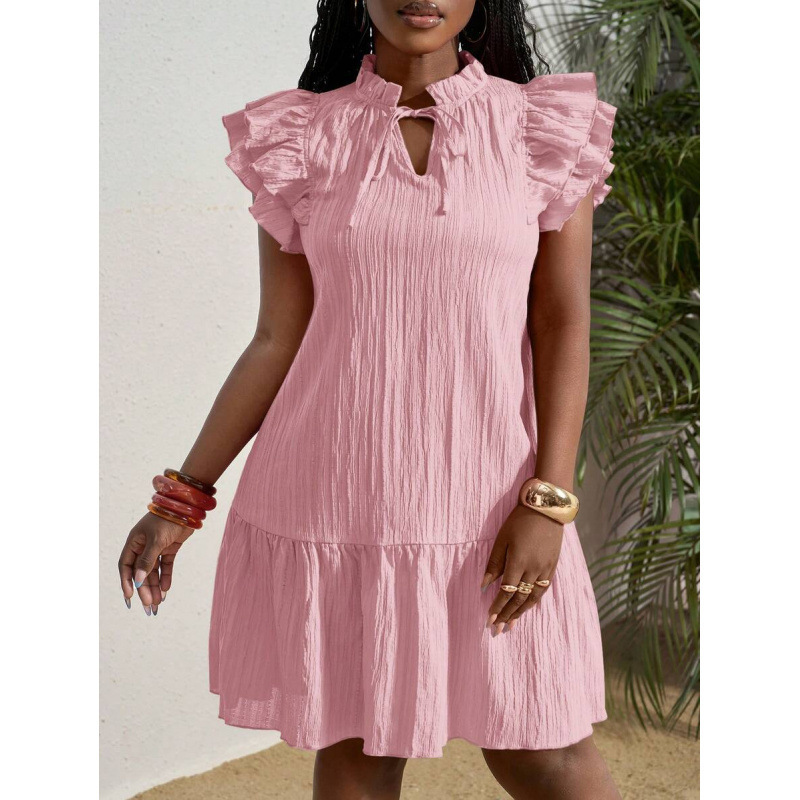 Ruffled V-Neck Short Sleeve A-Line Dress