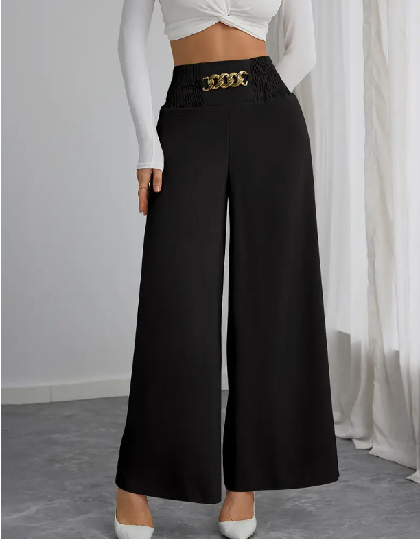 High-Waist Chain Smocked Wide-Leg Pants