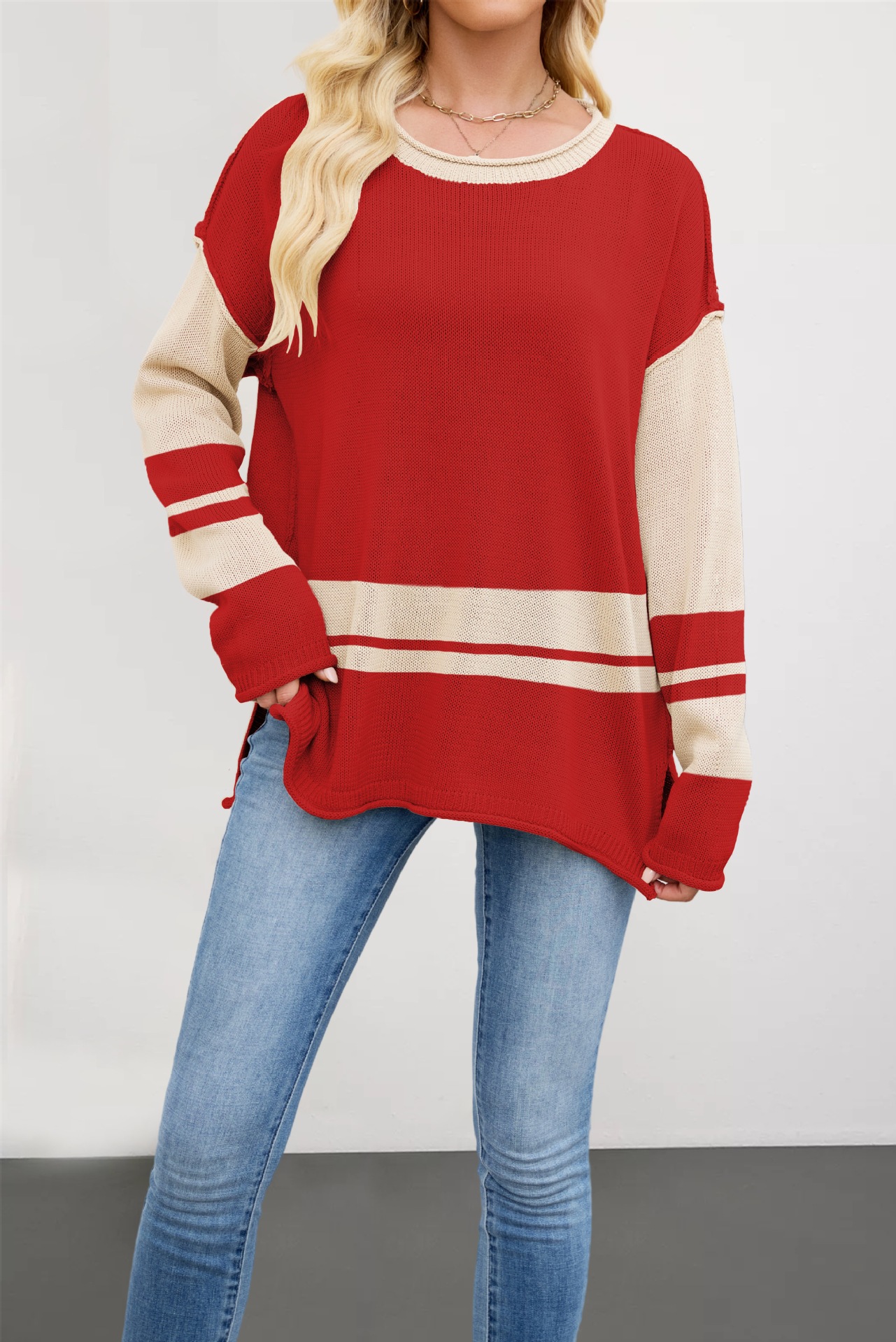 Color-Block Crewneck Knit Sweater, Loose Fit Pullover