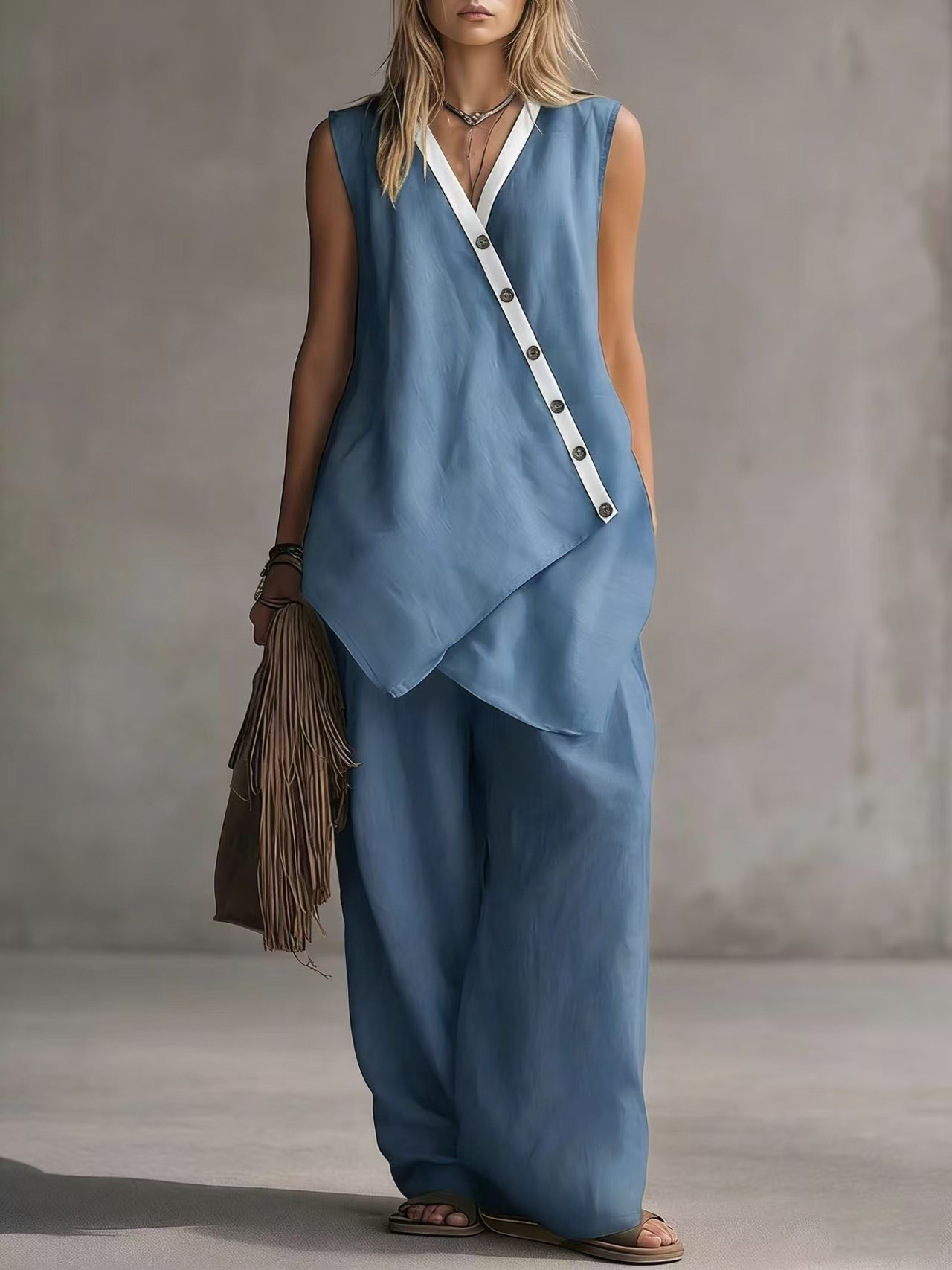 Bohemian V-Neck Button Tank Top & Wide-Leg Pants Casual Set