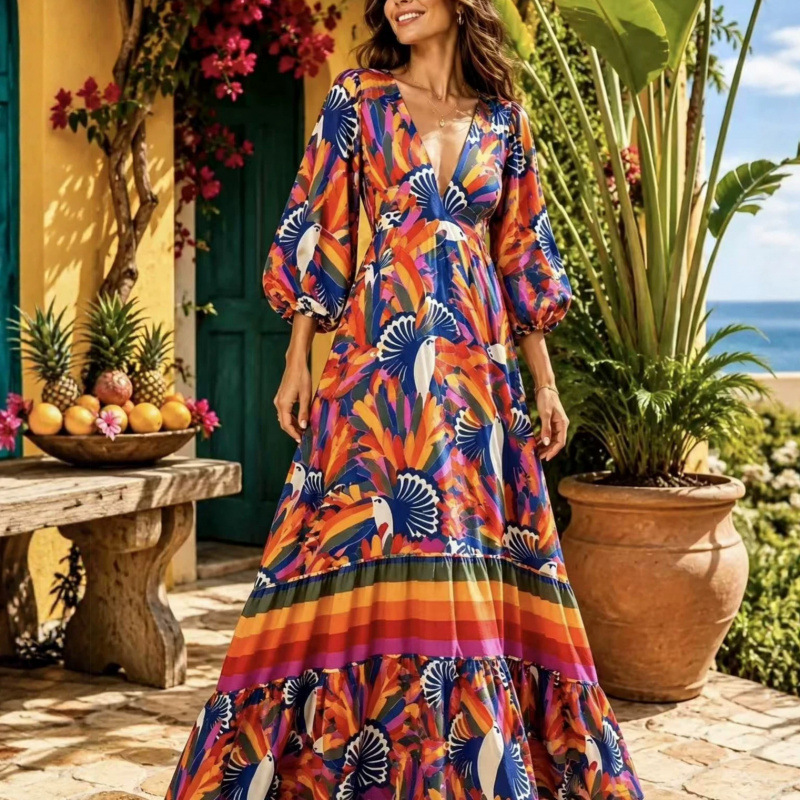 Printed V-Neck Short Sleeve Maxi Dress