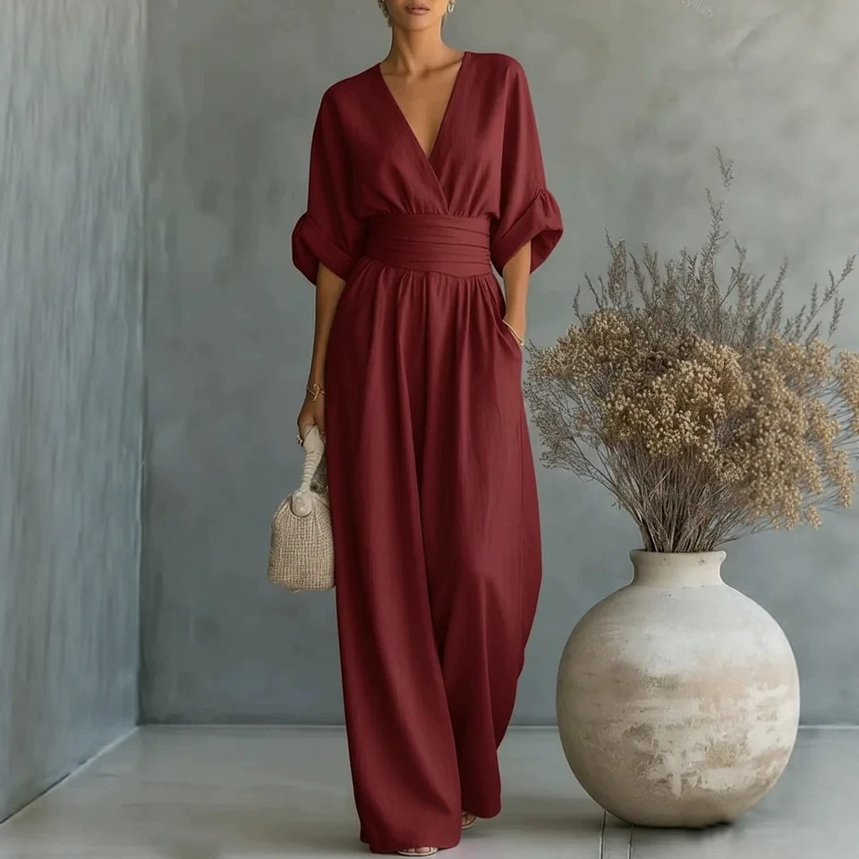 Elegant V-Neck Cinched Waist Wide-Leg Jumpsuit