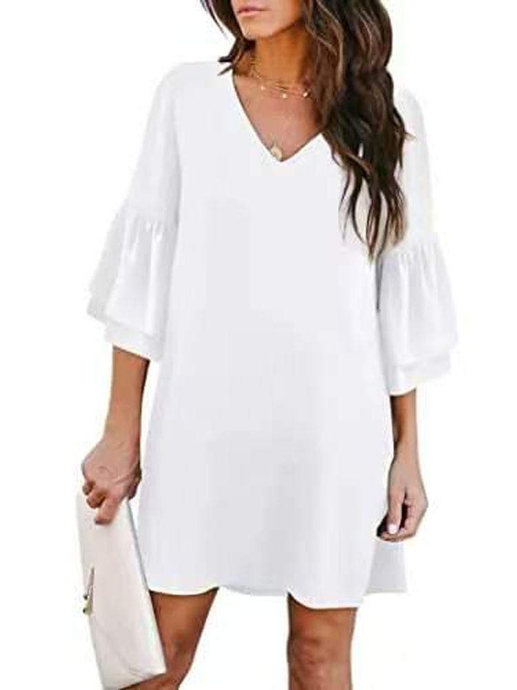 Women's Solid V-Neck Flare Sleeve Loose Dress