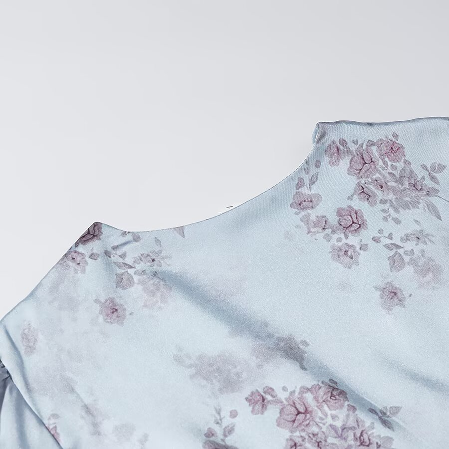 Light Blue Floral V-Neck A-Line Midi Dress
