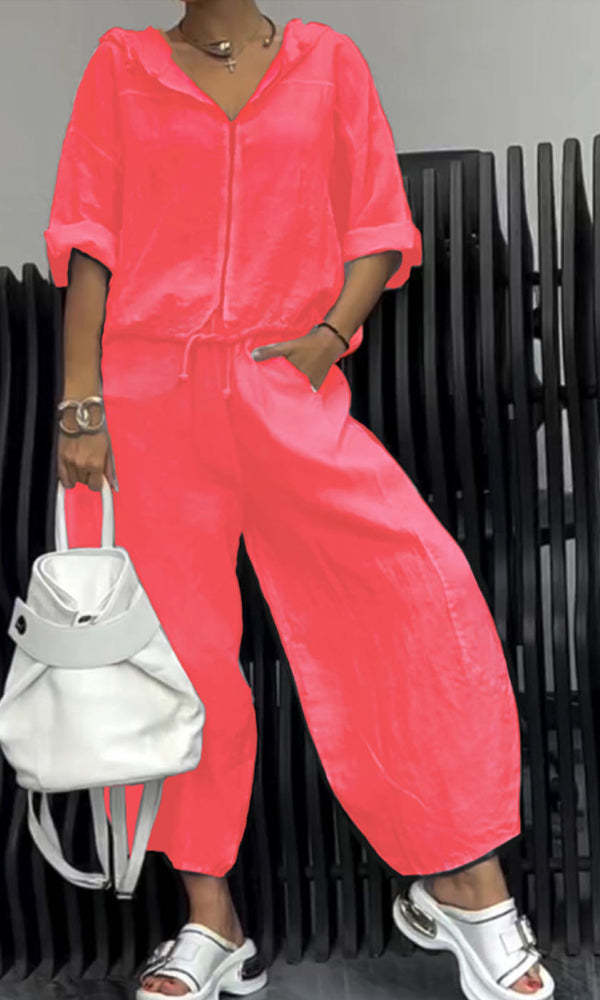 Women's Zip-Up Hooded Cotton-Linen Long Sleeve Top and Pants Set