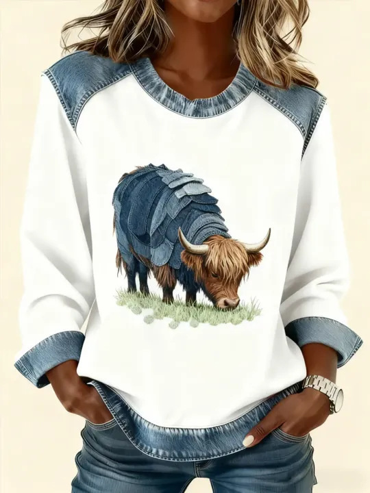 Women's Striped Paw Print Tribal Graphic Crewneck Sweatshirt