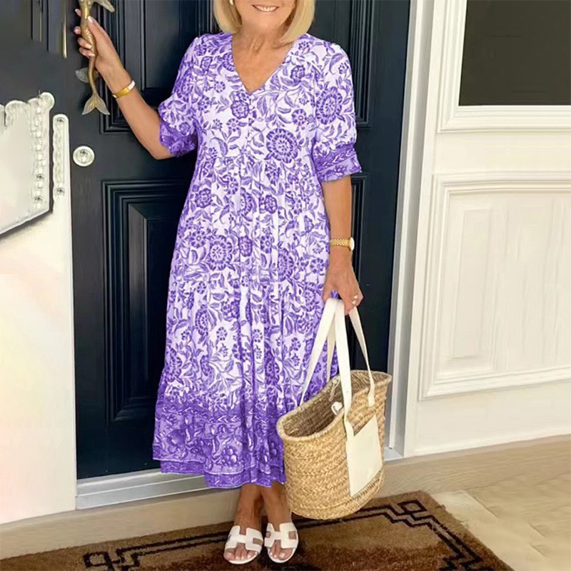 Women's Plus Size Floral Tie-Dye Print Loose Midi Dress V-Neck Half Sleeve