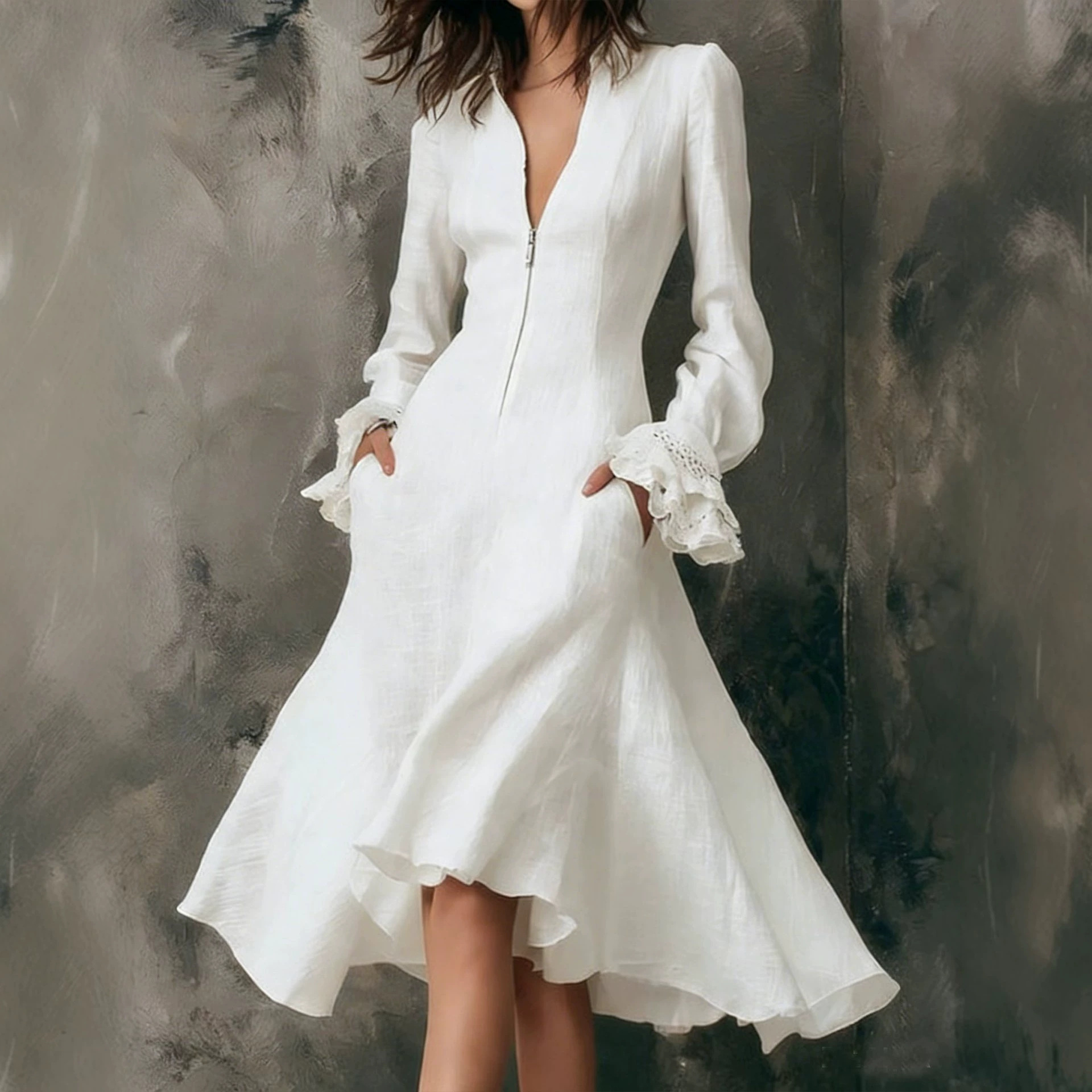 Elegant Minimalist Flare-Sleeve Midi Dress for Women