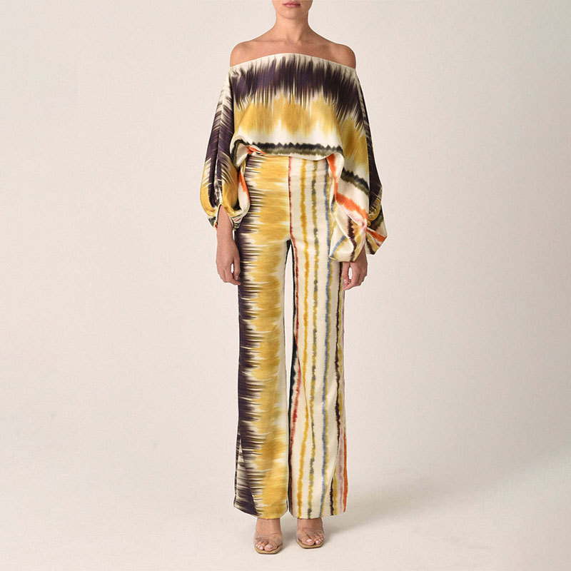 Women's Printed Batwing Sleeve Cinched Waist Wide-Leg Pants Set