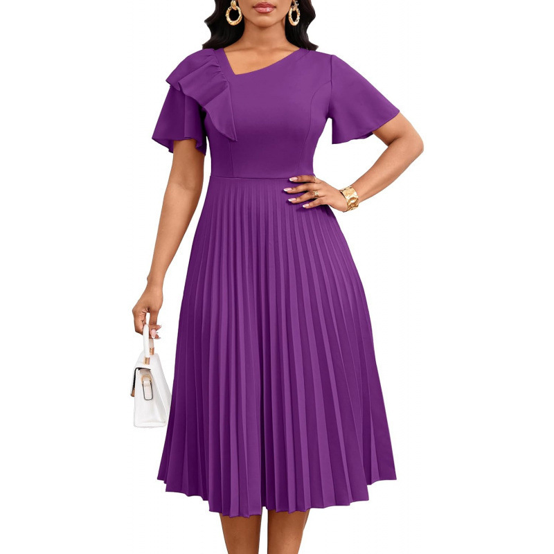 Asymmetric Ruffle Short Sleeve A-Line Midi Dress