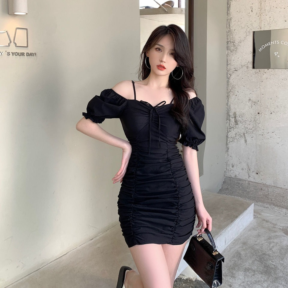Women's Korean Style Puff Sleeve Ruched Drawstring Bodycon Midi Dress