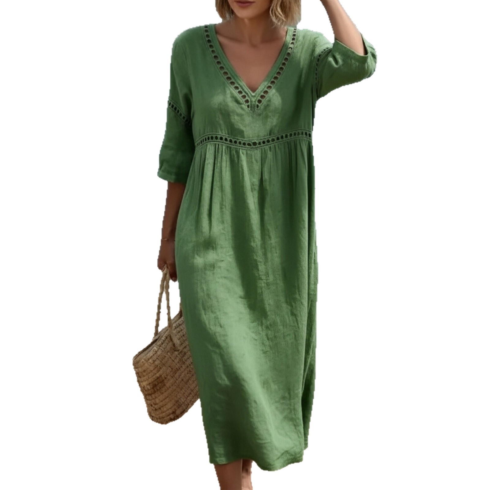 Women's Summer Bohemian Lantern Sleeve Long Dress V-Neck A-Line