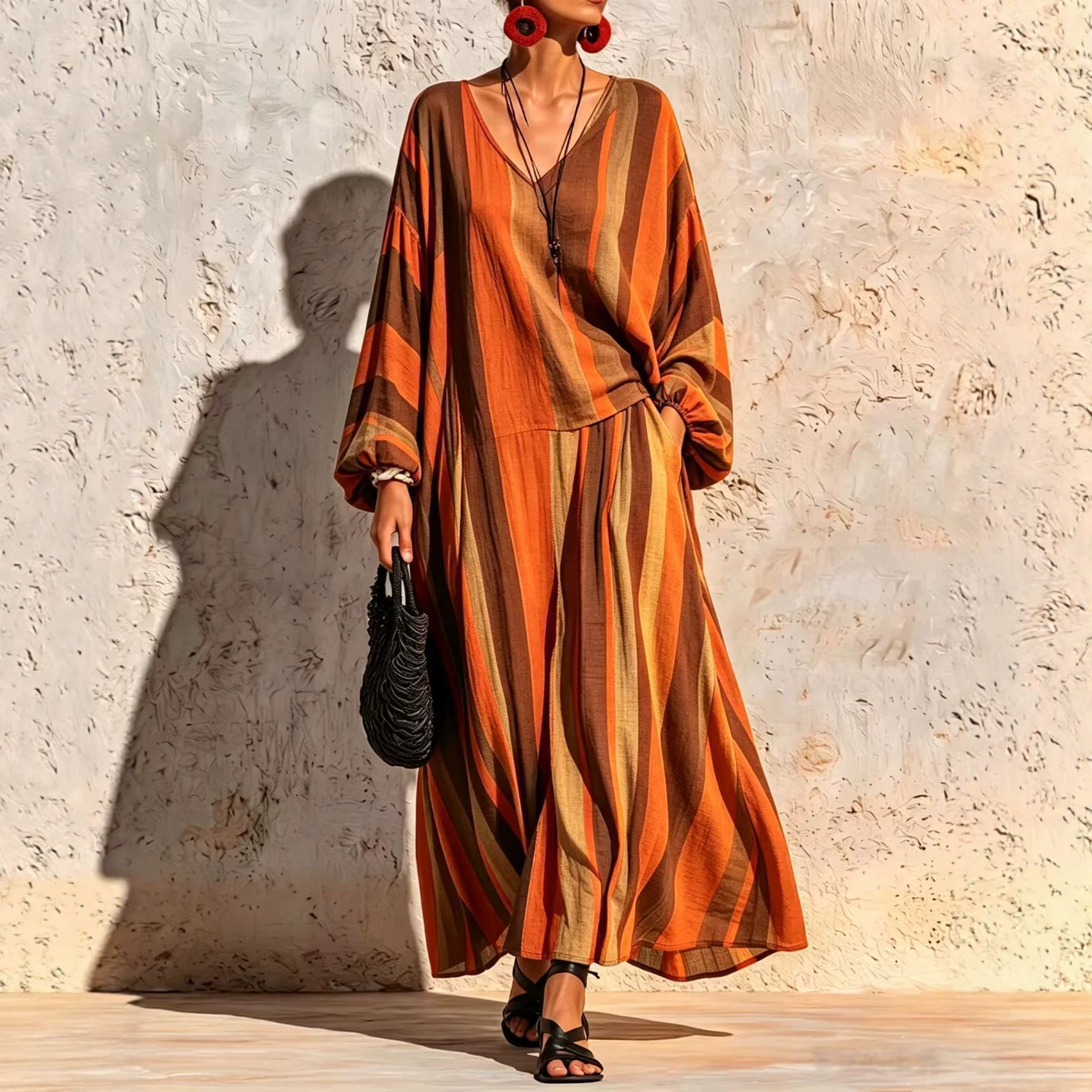 Striped Print V-Neck Long Sleeve Top & Wide-Leg Pants Set